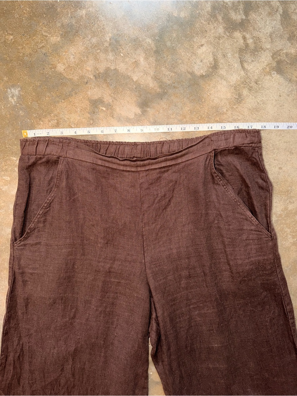 Linen Blend Wide Leg Pants Brown Elastic Waist Coastal Summer Relaxed Fit L - Picture 3 of 12